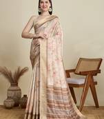 Cream printed cotton silk saree with blouse piece
