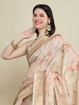 Cream printed cotton silk saree with blouse piece 2