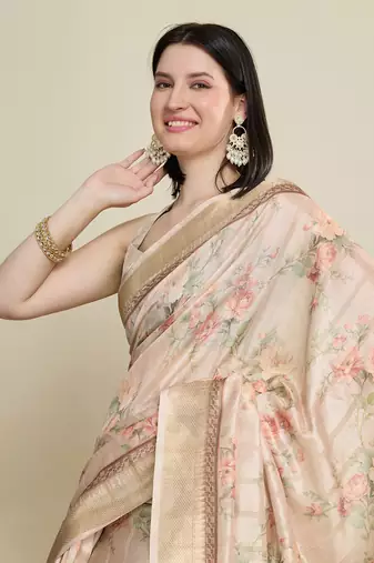 Cream printed cotton silk saree with blouse piece