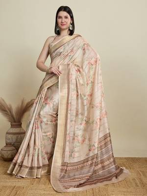 Cream printed cotton silk saree with blouse piece 3