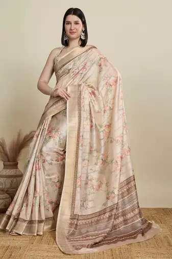 Cream printed cotton silk saree with blouse piece