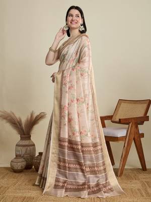 Cream printed cotton silk saree with blouse piece 4