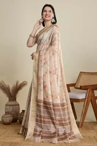 Cream printed cotton silk saree with blouse piece