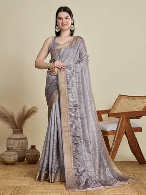 Grey printed cotton silk saree with blouse piece 1