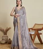 Grey printed cotton silk saree with blouse piece
