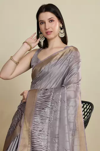 Grey printed cotton silk saree with blouse piece