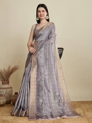 Grey printed cotton silk saree with blouse piece 3