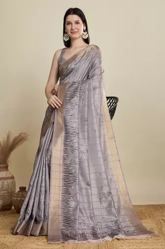 Grey printed cotton silk saree with blouse piece