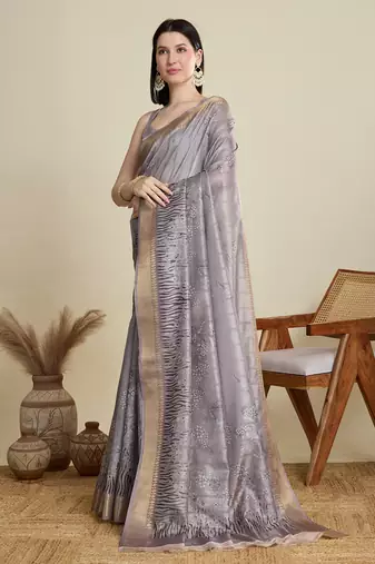 Grey printed cotton silk saree with blouse piece
