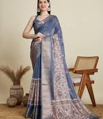 Light blue printed cotton silk saree with blouse piece