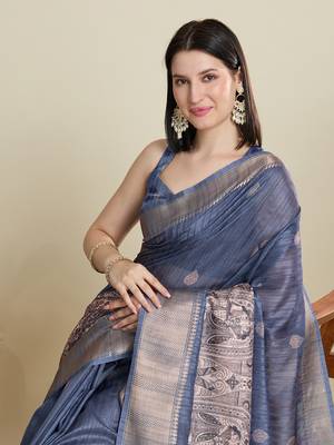 Light blue printed cotton silk saree with blouse piece 2