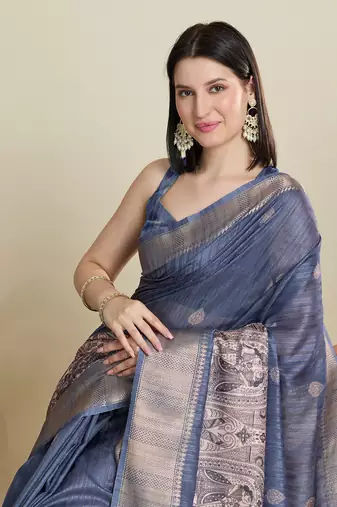 Light blue printed cotton silk saree with blouse piece