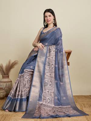 Light blue printed cotton silk saree with blouse piece 3