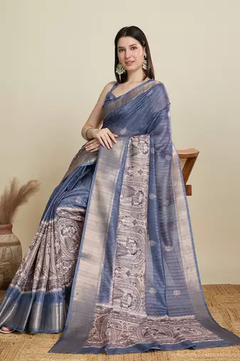 Light blue printed cotton silk saree with blouse piece