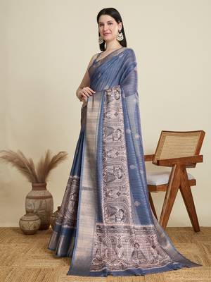 Light blue printed cotton silk saree with blouse piece 4