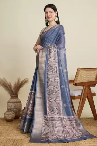 Light blue printed cotton silk saree with blouse piece