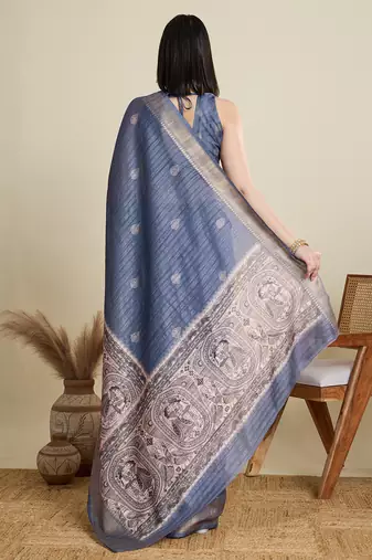 Light blue printed cotton silk saree with blouse piece