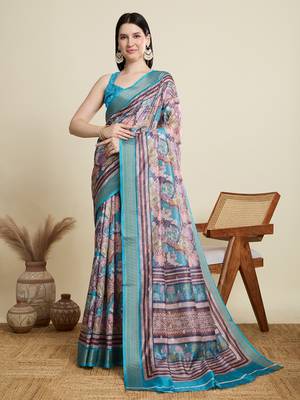 Multicolor printed cotton silk saree with blouse piece 1