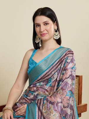 Multicolor printed cotton silk saree with blouse piece 2