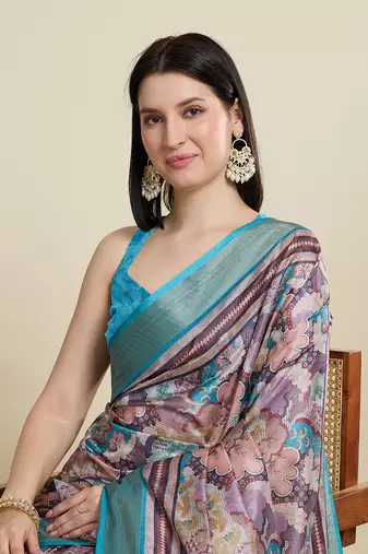 Multicolor printed cotton silk saree with blouse piece