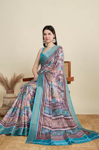 Multicolor printed cotton silk saree with blouse piece
