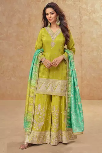 Lime green embroidery & sequins work simar silk straight palazzo suit  - full stitched suit