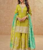 Lime green embroidery & sequins work simar silk straight palazzo suit  - full stitched suit