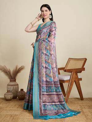 Multicolor printed cotton silk saree with blouse piece 4