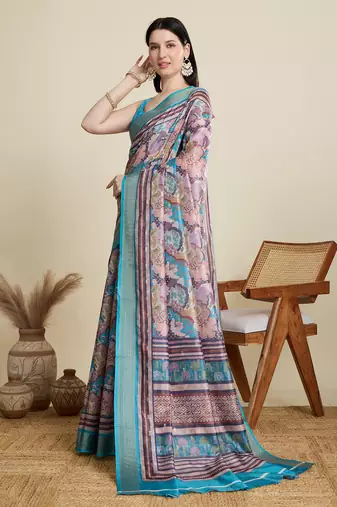 Multicolor printed cotton silk saree with blouse piece