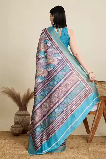 Multicolor printed cotton silk saree with blouse piece