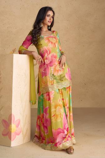 Multicolor green embroidery, print & sequins work chinnon silk straight palazzo pant suit  - full stitched suit