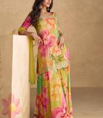 Multicolor green embroidery, print & sequins work chinnon silk straight palazzo pant suit  - full stitched suit