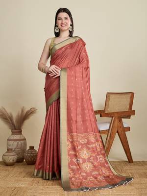 Rust printed cotton silk saree with blouse piece 1