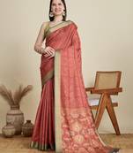Rust printed cotton silk saree with blouse piece