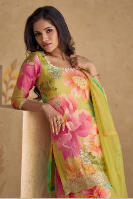 Multicolor green embroidery, print & sequins work chinnon silk straight palazzo pant suit  - full stitched suit 2