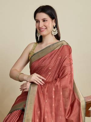 Rust printed cotton silk saree with blouse piece 2