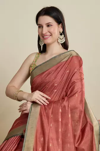 Rust printed cotton silk saree with blouse piece