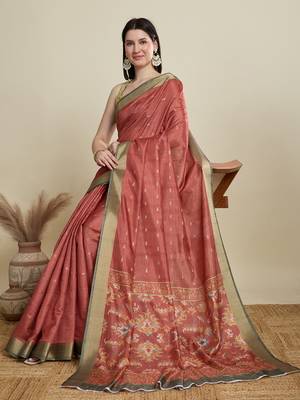 Rust printed cotton silk saree with blouse piece 3
