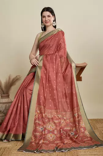 Rust printed cotton silk saree with blouse piece