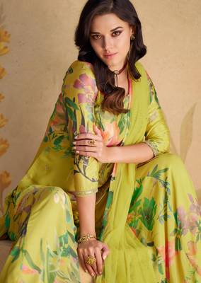 Olive green embroidery print & sequins work chinnon silk straight palazzo pant suit 1