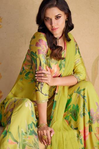 Olive green embroidery print & sequins work chinnon silk straight palazzo pant suit