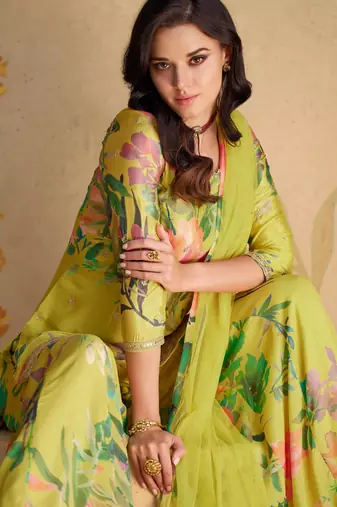 Olive green embroidery print & sequins work chinnon silk straight palazzo pant suit