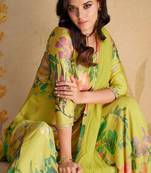 Olive green embroidery print & sequins work chinnon silk straight palazzo pant suit