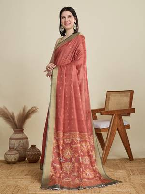 Rust printed cotton silk saree with blouse piece 4