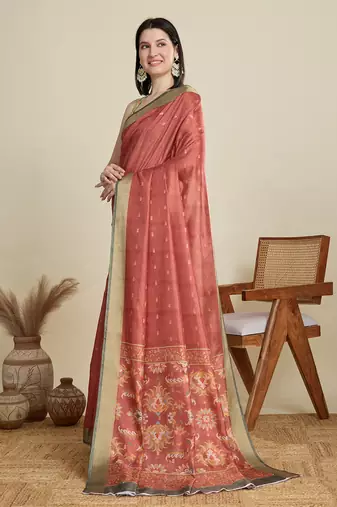 Rust printed cotton silk saree with blouse piece