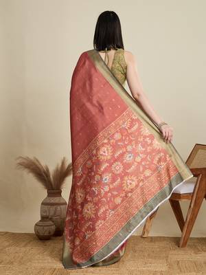 Rust printed cotton silk saree with blouse piece 5
