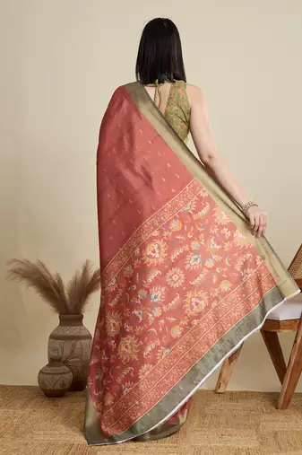 Rust printed cotton silk saree with blouse piece