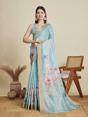 Sky blue printed cotton silk saree with blouse piece 1