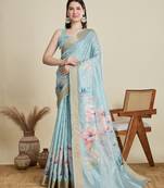 Sky blue printed cotton silk saree with blouse piece