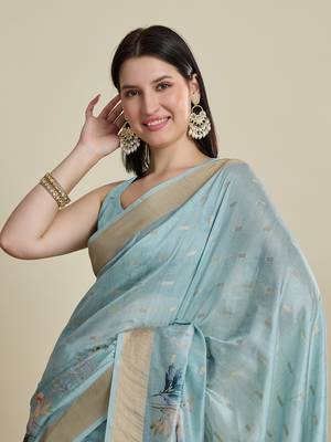 Sky blue printed cotton silk saree with blouse piece 2